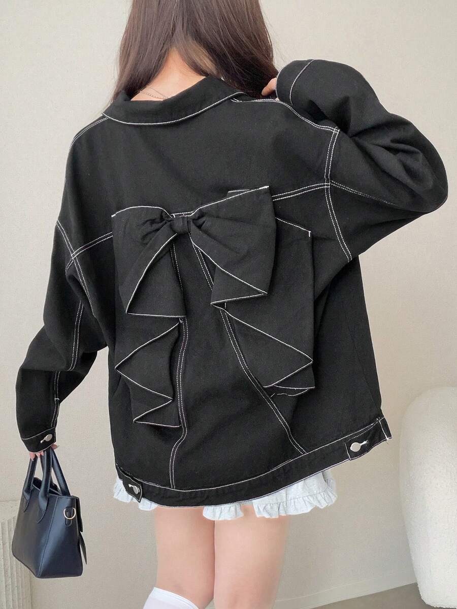 FRIFUL Women's Bow Decor Casual Versatile Daily Denim Jacket - Black - View 1