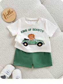 Newborn Baby Cute Knitted Cartoon Pattern Short Sleeve T-Shirt & Shorts Set - Apricot - View 3