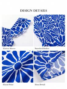 ELLERISSA Plus Size Royal Blue Floral Print Square Neck Shirred Bodice Ruffle Strap Midi Dress - Royal Blue - View 7