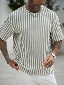 Manfinity Homme 男士大尺碼紋理條紋圓領寬鬆休閒短袖T恤 - 綠色 - 查看 3