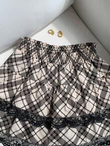 Comfortcana 女款格紋蕾絲拼接休閒百搭迷你裙，適合度假穿搭、萬聖節、外出與校園穿著 - 彩色 - 查看 4