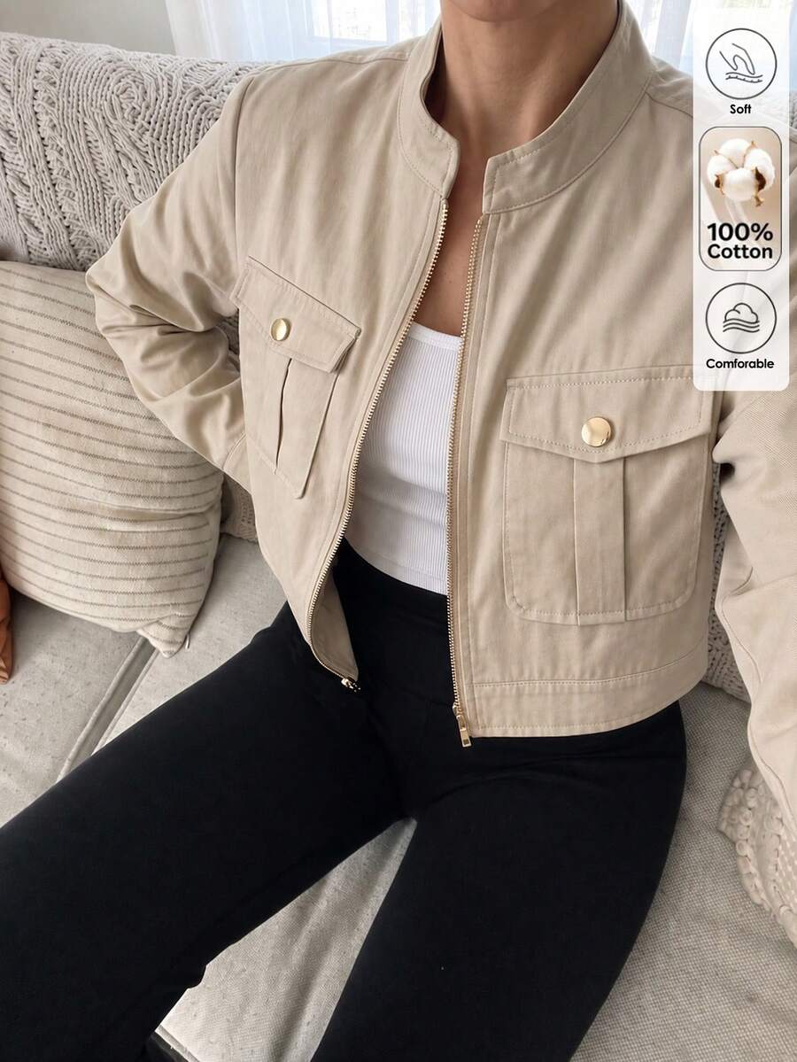 Louniche 女款秋冬休閒純色高級寬鬆版型百搭日常通勤外出極簡棉質舒適常規夾克 - 卡其色 - 查看 1