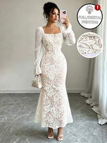 Elenzga Women's Square Neck Tie Bow Chiffon Petal Sleeve Spring Summer Autumn Date Party Daily Versatile Elegant Casual Sophisticated Long Dress Wedding White - Apricot - View 3