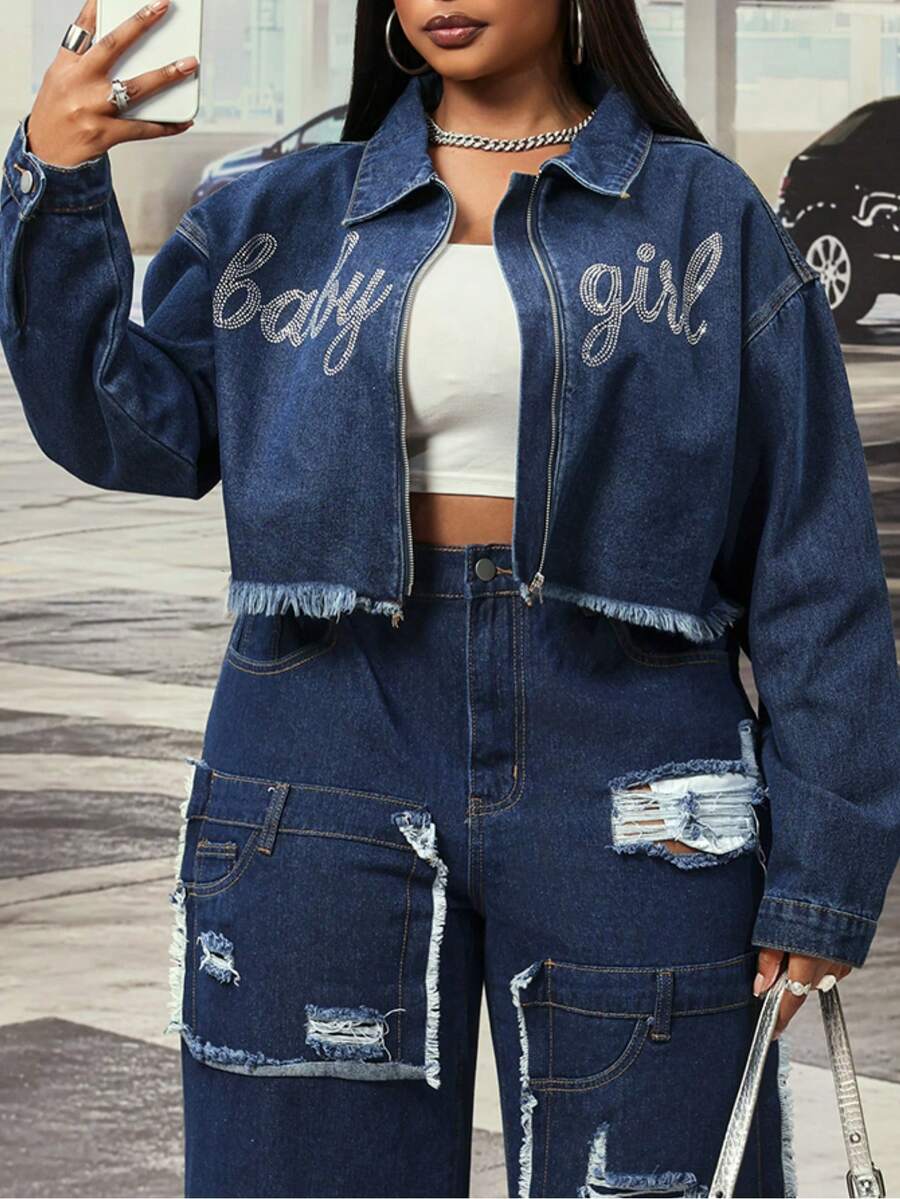 Slaydiva Cowgirl Outfit Plus Size Women's Blue Non-Stretch Rhinestone Embellished Long Sleeve Jacket