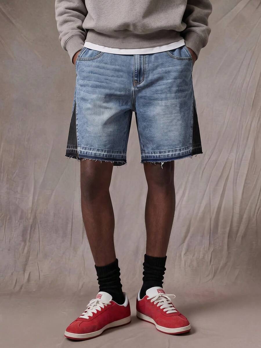 ROMWE MEN Essentials Spring/Summer Casual Men'S Contrast Color Pocket Casual Versatile Denim Shorts - Blue - View 1