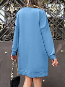 EURMUSE Cotton Solid Drop Shoulder Split Hem Sweatshirt Dress - Baby Blue - View 2