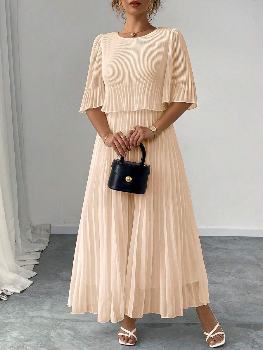 Elenzga Plus Size Plain Color Elegant Elegant Lady Chiffon Pleated Dress, Spring & Summer Fall - Apricot - View 1