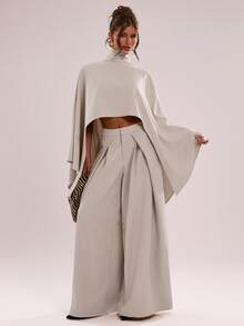 SHEIN BAE Women's Solid Color Stand Collar Asymmetric Hem Top And Long Pants Casual Daily Set - Apricot - View 3