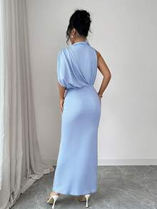 Elenzga Vestido elegante de mujer color borgoña con cuello fruncido, sin mangas, ajustado y acampanado, para primavera/verano, graduación, mangas cortas asimétricas - Azul - Ver 2