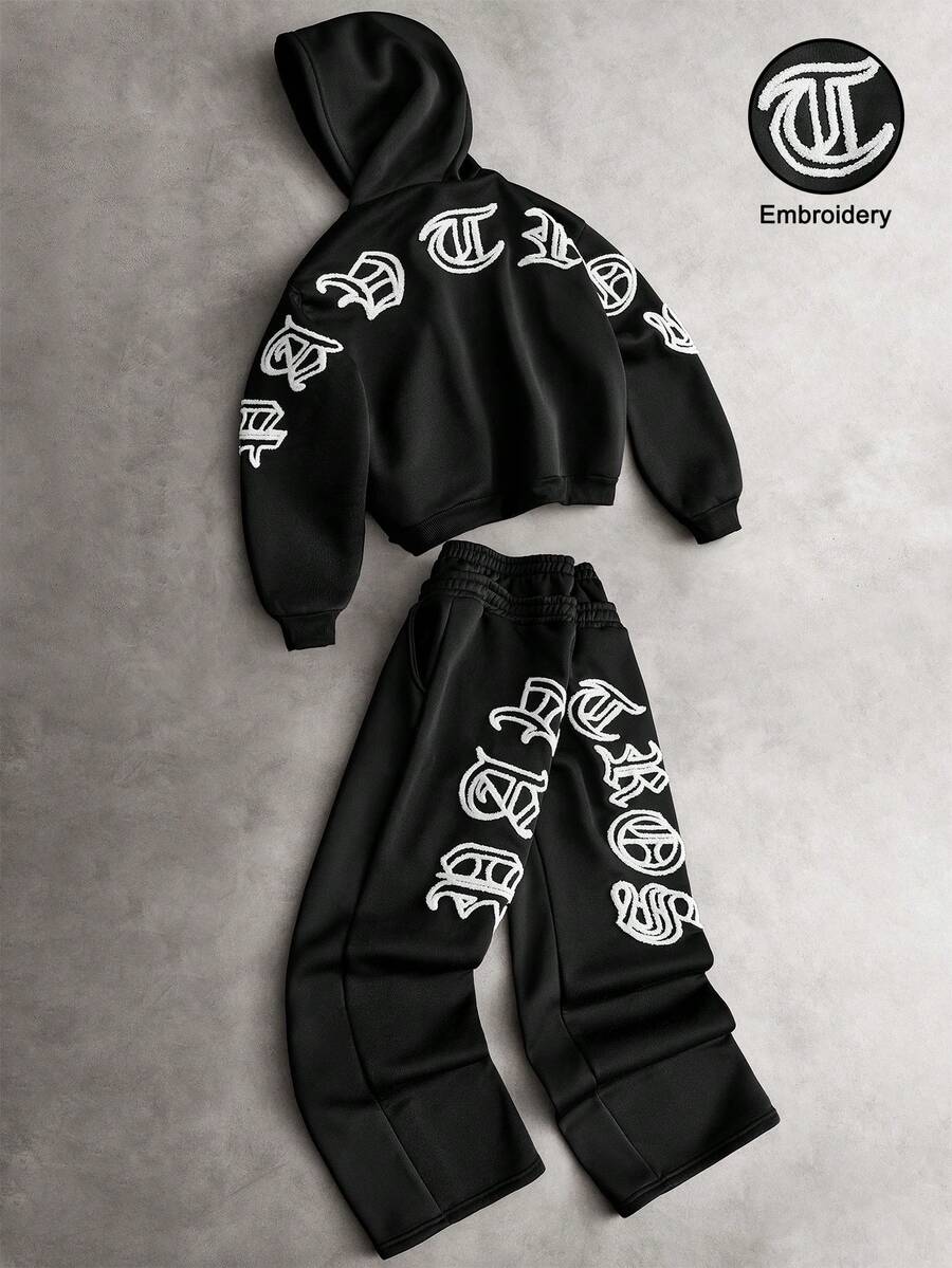 PAVTROS 男士街頭風熱銷 3D 毛巾刺繡字母衛衣套裝,送給朋友、男友、丈夫的禮物,週年紀念禮物 - 黑色 - 查看 1
