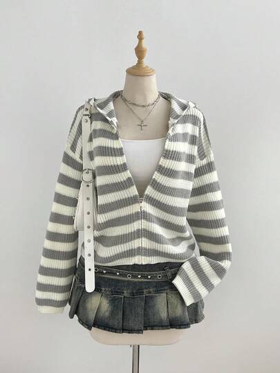 Elamini Women's Loose Casual Fashion Versatile Colorblock Striped Daily Commute Outfit Autumn/Winter Hooded Zip-Up Cardigan