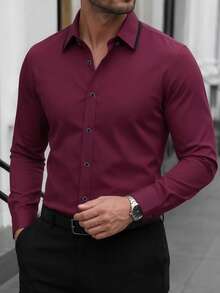 Manfinity Mode Men's Solid Color Plain Button Open Long Sleeve Shirt, For Husband, Work, Fall, Old Money Style, Formal - Burgundy - View 1