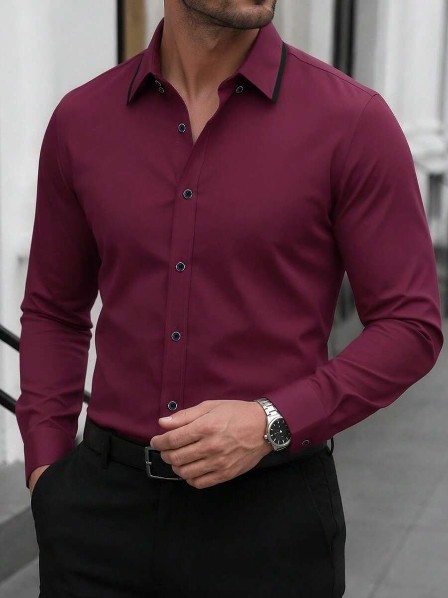 Manfinity Mode Men's Solid Color Plain Button Open Long Sleeve Shirt, For Husband, Work, Fall, Old Money Style, Formal - Burgundy - View 1