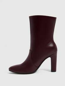 Daringsoles 女款純色圓頭粗跟套腳中筒靴，日常通勤辦公百搭人造皮革短靴 - 酒紅色 - 查看 4