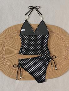 Sunnyshic Beach Party Outfits For Woman Vacation Solid Color Knitted Textured Spot Beaded Drawstring Spaghetti Strap Bikini Top Black And White Polka Dot Summer - Black - View 5