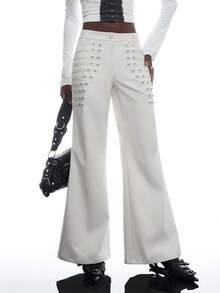 LYSMO Women's Casual Versatile Daily Wear Flare Leg Pants With Pockets And Buttons - Beige - View 5