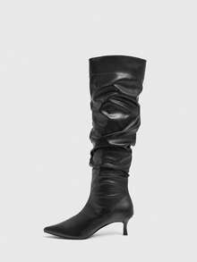 CUCCOO SZL Stivali da donna con punta nera in pelle morbida con tacco kitten e stivali da donna al ginocchio eleganti semplici da pendolare sexy per occasioni di festa & Natale autunno inverno stivali alti da donna - Pelle nera morbida - Visualizzare 9
