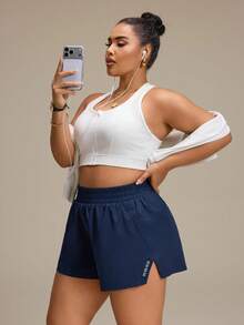 SHEIN Unity Quần short thể thao size lớn màu xanh navy có túi trong, phong cách thể thao thường ngày cho phòng gym mùa hè - Màu xanh hải quân - Xem 7