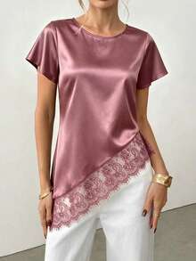 SHEIN Elegante Damen-Bluse aus Satin in Schwarz mit Spitze, asymmetrischem Saum und Rundhalsausschnitt, lässig für den Alltag und Pendler, schwarzes Top, schwarzes Hemd, Spitzenhemd, lässiges Damenhemd, elegantes Damenhemd, Damen-Spitzentop, Damen-Arbeitskleidung, Damen-Pendleroutfit, Social Top/Arbeits-Top, formelles Hemd, Damen-Social Top/formelles Top, lässiges Damen-Top, elegantes Damen-Top, Damen-Strandoutfit, Sommer-Top, Pendler-Bluse, Pendler-Hemd - Korallenrosa - Übersicht 5