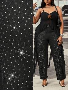 Slaydiva Celana Jeans Hitam Non-Stretch Berhiaskan Rhinestone untuk Wanita Ukuran Plus (Model Cowgirl) - Hitam - View 8