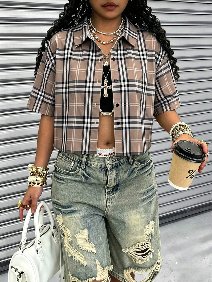 Rovax Short Shirt Collar Drop Shoulder Short Sleeve Top - Multicolor - View 1