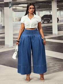 Slaydiva Plus Size Women's High Waist Pleated Wide Leg Loose Casual Non-Stretch Denim Jeans - Dark Wash - View 6