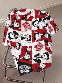 Betty Boop x SHEIN Plus Size Cartoon Figure Graphic Colorblock Round Neck Short Sleeve T-Shirt - White - View 1