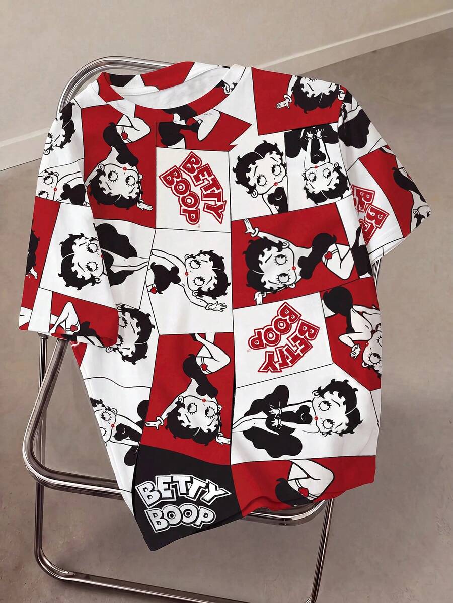 Betty Boop x SHEIN Plus Size Cartoon Figure Graphic Colorblock Round Neck Short Sleeve T-Shirt - White - View 1