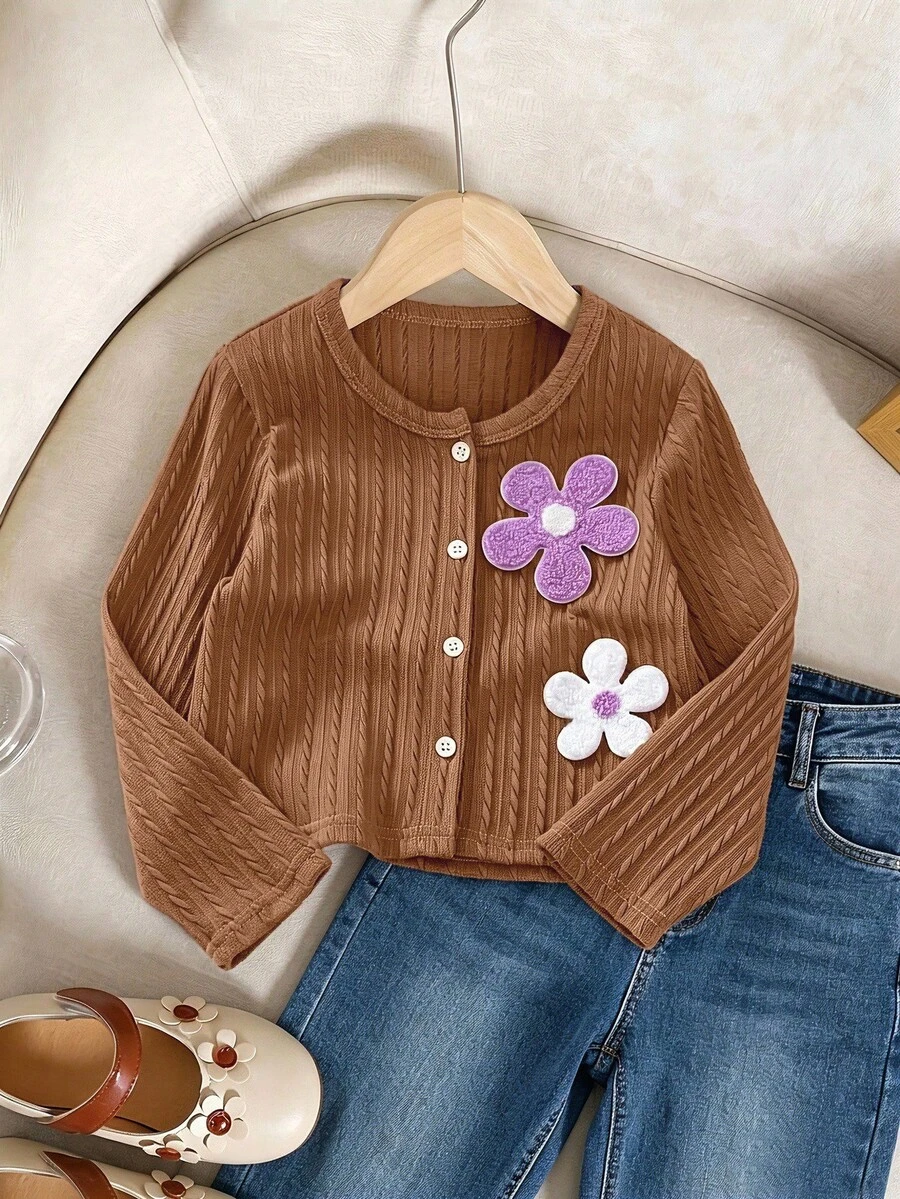 SHEIN Elladie kids 女童柔軟紋理麻花針織開襟衫,可愛優雅甜美公主風,百搭時尚外套,適合春、夏、秋季,日常穿著、聚會、派對、外出、上學 - 棕色 - 查看 1