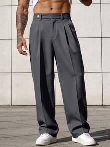 Calvornis 男士米色西裝長褲，復古寬鬆休閒百搭直筒褲 - 深灰色 - 查看 3