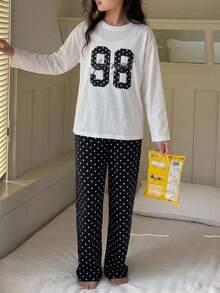 DAZY Tween Girl Fall Clothes Girls (Large) Round Neck Knitted Printed Short Sleeve T-Shirt + Plaid Pajama Pants Loungewear Set - Black and White - View 6