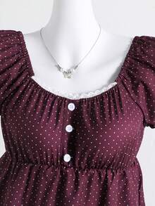 Sparklyn Teen Girl Polka Dot Pattern Short Petal Sleeve Button Design Casual Shirt - Burgundy - View 3