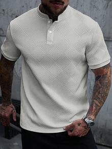Manfinity CasualCool 男士立領 Polo 衫，針織提花布料，休閒日常穿著，時尚百搭風格 - 灰色 - 查看 4