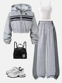 SHEIN 3件組青少年女孩套裝，連帽長袖前開式短版拉鍊夾克，小波點與條紋設計，白色細肩帶背心上衣，鬆緊腰寬腿長褲，秋季休閒穿搭 - 彩色 - 查看 1