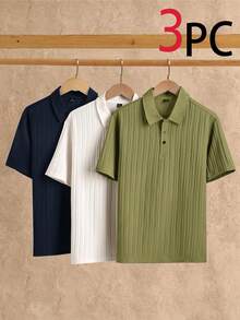 Manfinity Homme 男士梭織素色短袖休閒 Polo 領襯衫 3 件組 - 彩色 - 查看 1