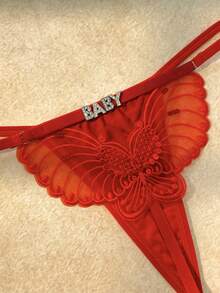 Bare Chapter 1pc Milk Silk Sequins Letter & Sequin Butterfly Embroidered Thong - Red - View 1