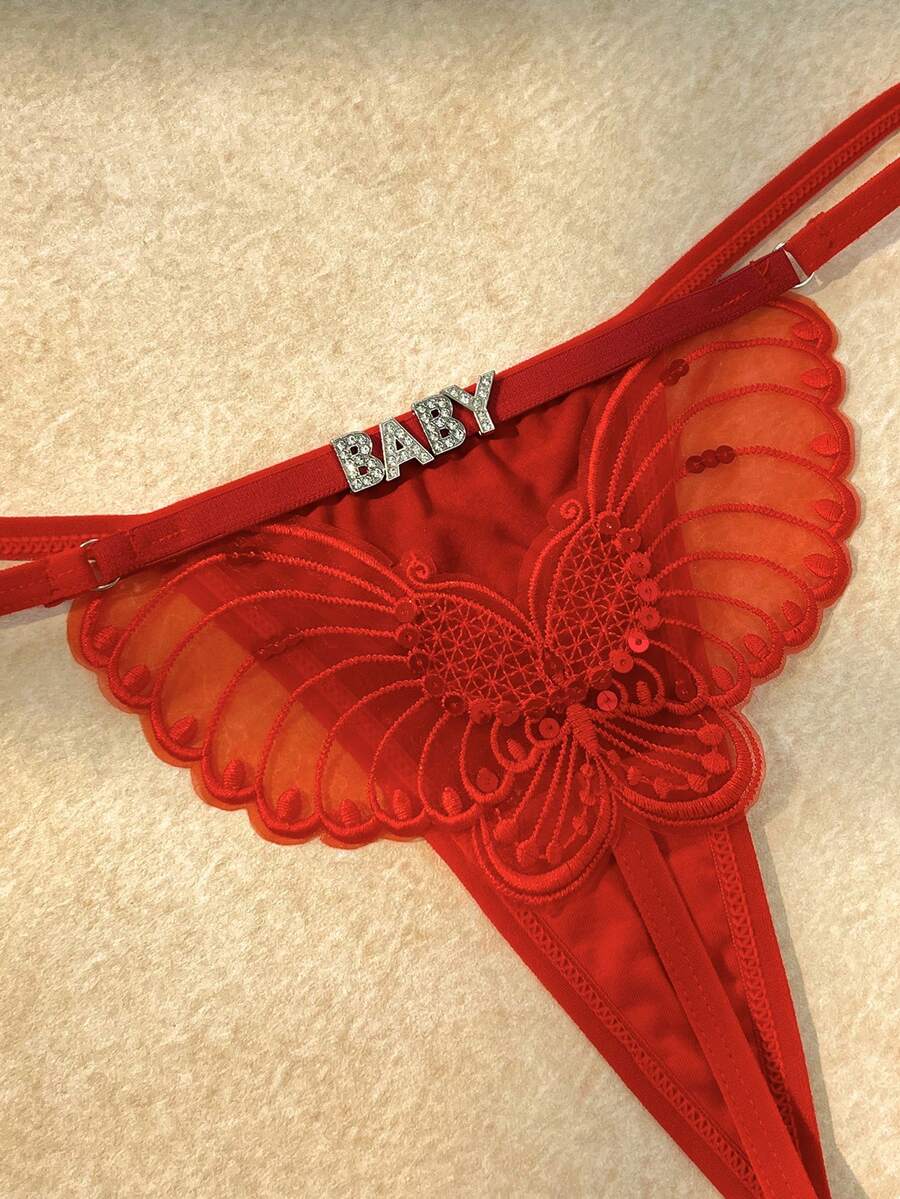 Bare Chapter 1pc Milk Silk Sequins Letter & Sequin Butterfly Embroidered Thong - Red - View 1