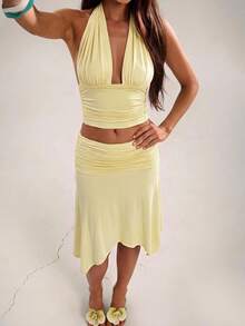 SHEIN BAE Spring/Summer Women's Casual Commute Light Yellow Knitted Ruched Underbust T-Shirt Top With Loose Long Pants 2-Piece Set, Suitable For Casual Commute, Daily Wear, Office Commute, Casual Outings, Yellow Set, Yellow Knitted Set, Daily Outings, Home Wear, Commute Wear Yellow 2-Piece Set - Yellow - View 5