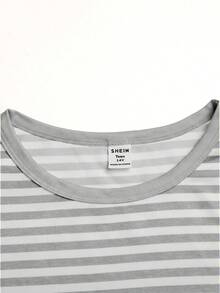 SHEIN 青少年女孩針織灰色與白色條紋圓領短袖修身T恤與修身長褲休閒套裝，百搭多功能休閒款 - 灰色 - 查看 5