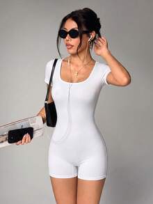 Dewbera Dewbera Sports One-Piece White Long-Sleeved Shorts Style, Casual Fitness Wear - White - View 10
