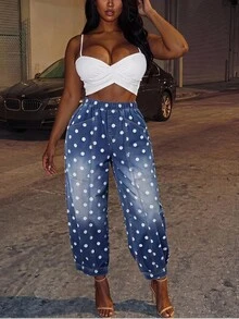 Breezaya Plus Size Jacquard Denim Cropped Dad Pants - Blue - View 2