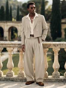 AKNOTIC Men's Double-Breasted Suit Jacket And Pants Set, Versatile Comfortable For Daily Wear, Party, Gathering, Date - Apricot - View 1