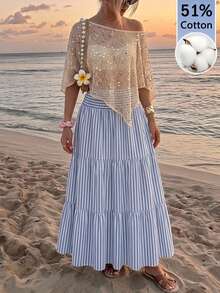SHEIN MOD 女款休閒條紋鬆緊腰流暢層次中長裙，百搭夏季款 - 藍白色 - 查看 1
