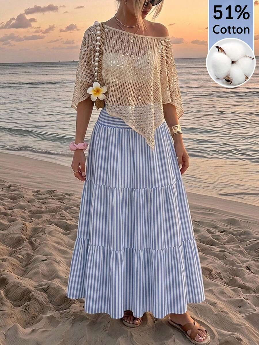 SHEIN MOD 女款休閒條紋鬆緊腰流暢層次中長裙,百搭夏季款 - 藍白色 - 查看 1
