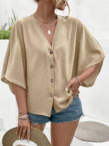 Ceyna Plus Size Women's Elegant Solid Color Jacquard V-Neck Raglan Sleeve Button Decor Beach Resort 2025 Spring/Summer New Versatile Blouse - Khaki - View 5