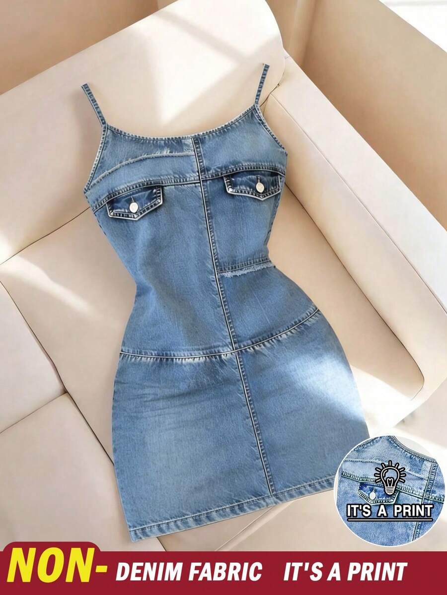 SHEIN 新款热销牛仔印花修身迷你连衣裙 - 彩色 - 查看 1