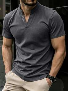 Manfinity Homme 男士字母印花短袖休閒通勤 Polo 衫 - 深灰色 - 查看 1
