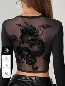 SHEIN X YERIMUA SHEIN ICON 秋季女款萬聖節黑色哥德風純色長袖中國龍網紗露背Y2K外出上衣 - 黑色 - 查看 3