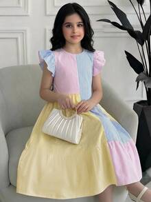 SHEIN Tween Girl Casual Daily Versatile Comfortable Patchwork Colorblock Short Flutter Sleeve Dress Tween Girl - Multicolor - View 1