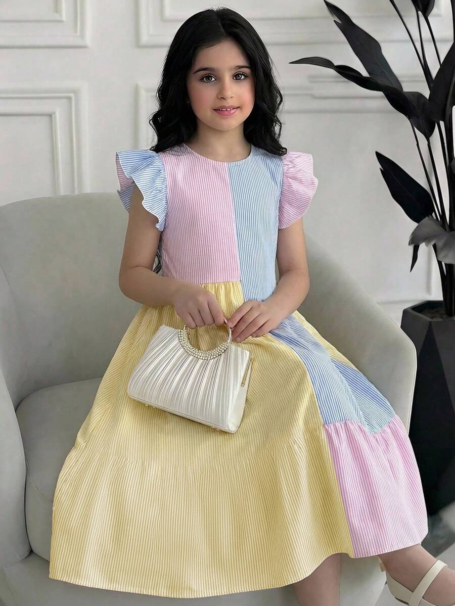 SHEIN Tween Girl Casual Daily Versatile Comfortable Patchwork Colorblock Short Flutter Sleeve Dress Tween Girl - Multicolor - View 1